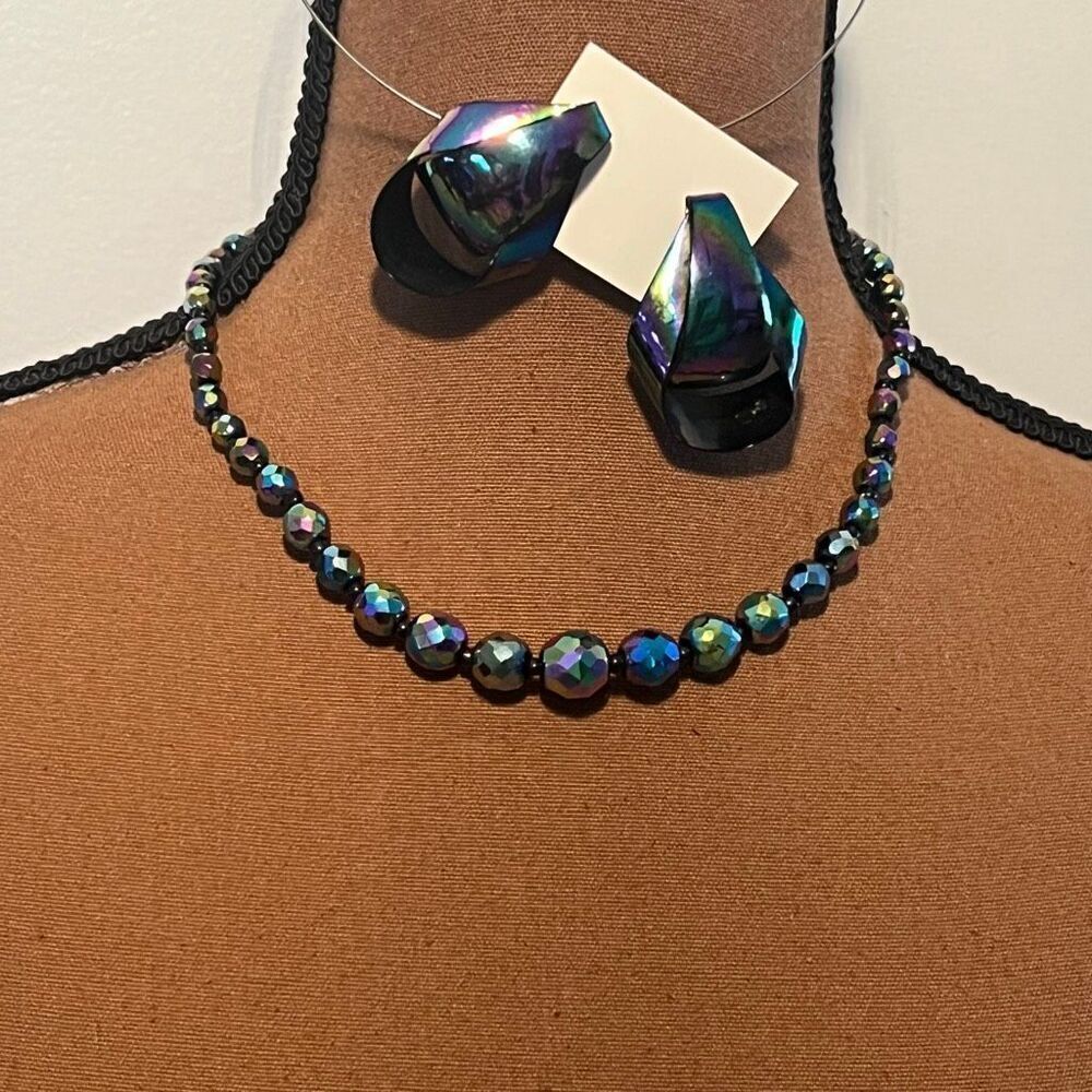 Vintage Carnival Peacock Beaded Choker Fit Necklace Matching Oil Spill Earrings